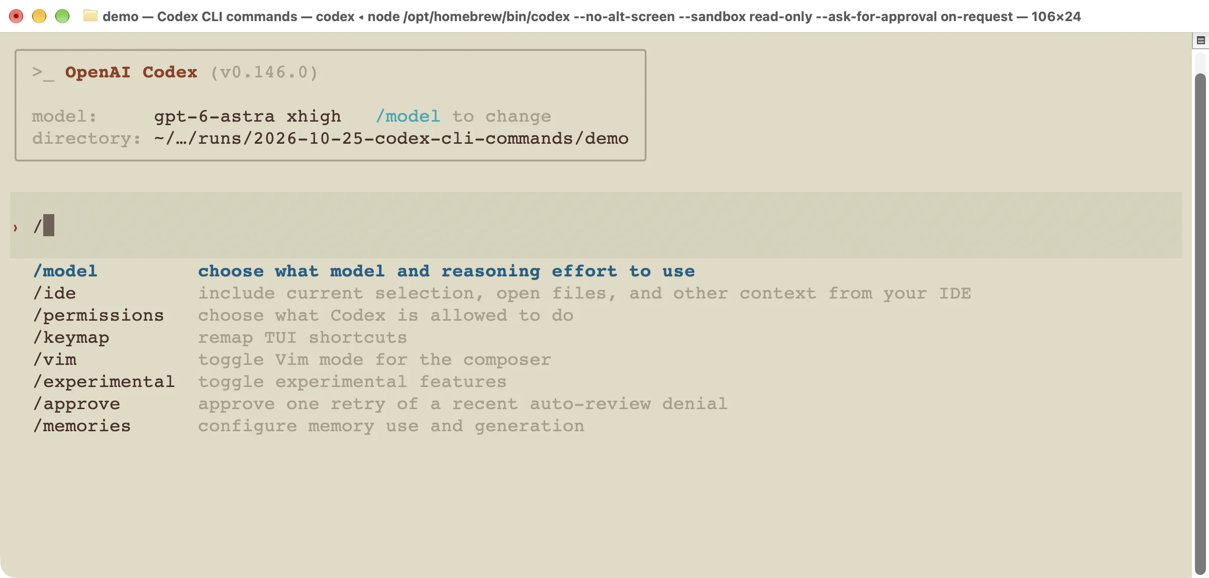 Typing a slash inside Codex opens a menu with model, permissions, and other chat commands.