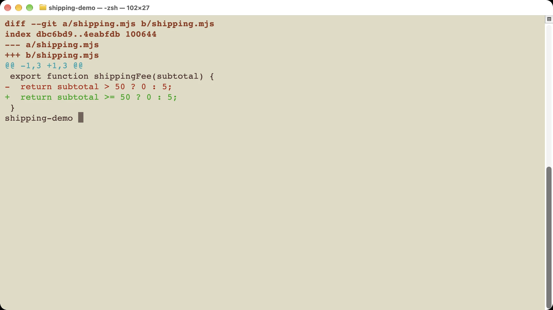 A real Git diff shows the shipping rule changing from greater than 50 to greater than or equal to 50.
