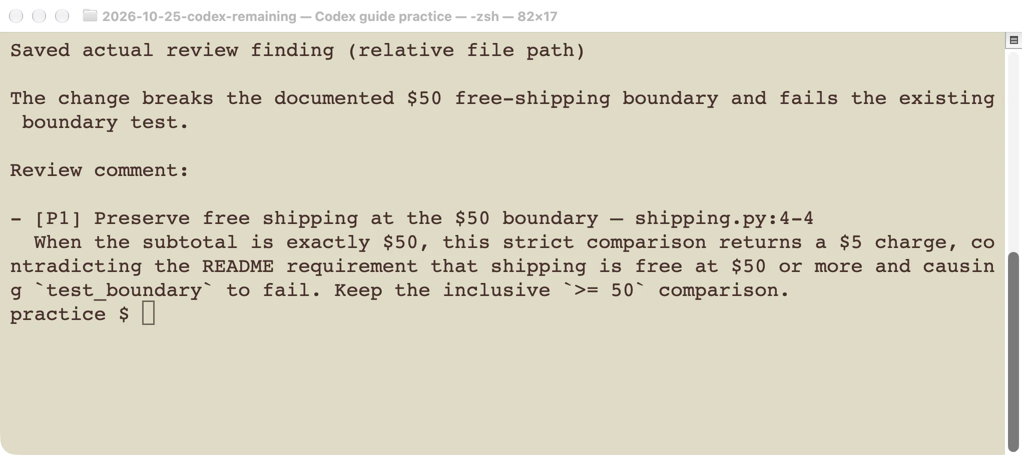 Saved actual review finding identifying the shipping boundary and changed line.