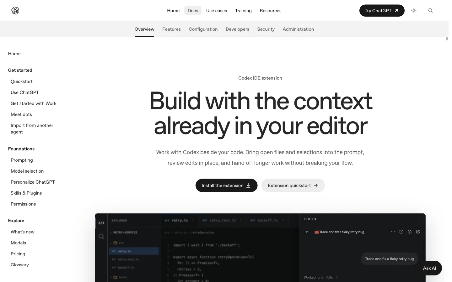 The official OpenAI IDE quickstart listing editor-specific installation and opening instructions.