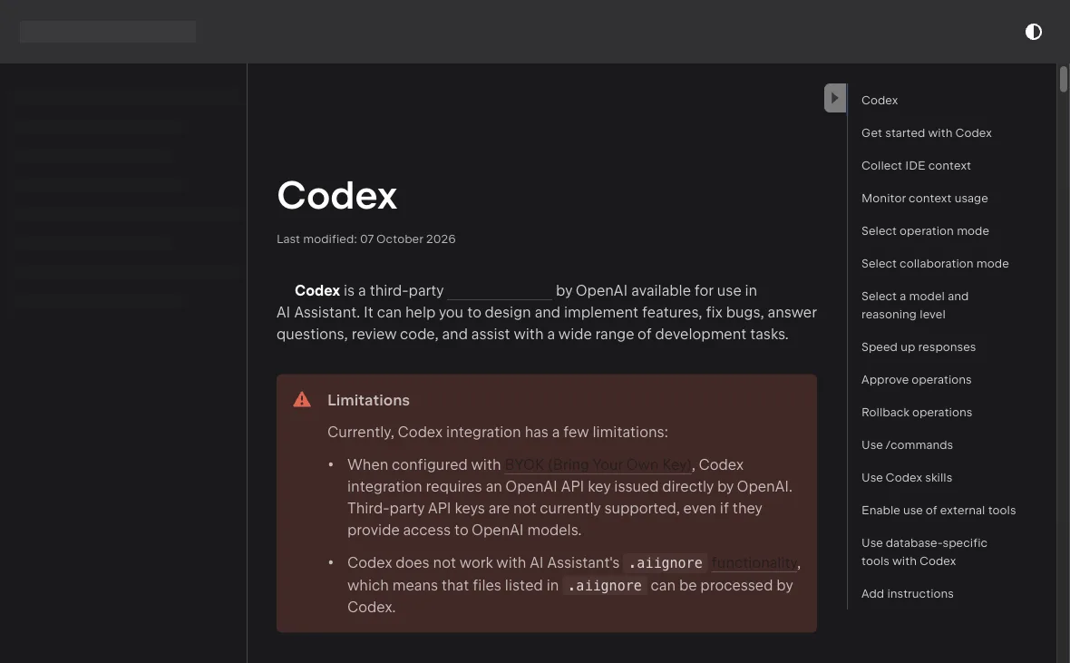 JetBrains' official Codex documentation showing its own AI Assistant integration and setup route.