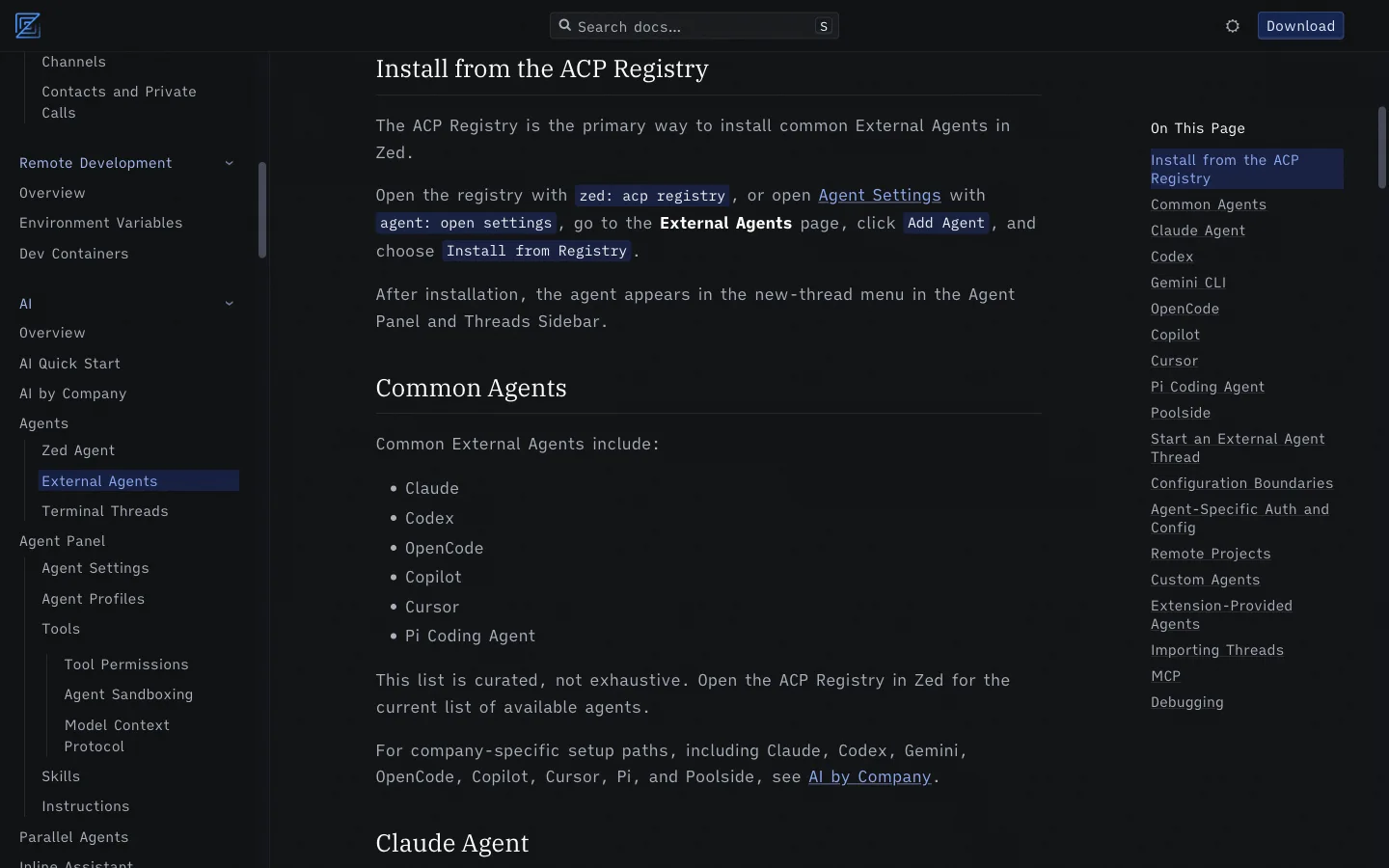 Zed's official external-agent documentation describing installation through the ACP Registry.