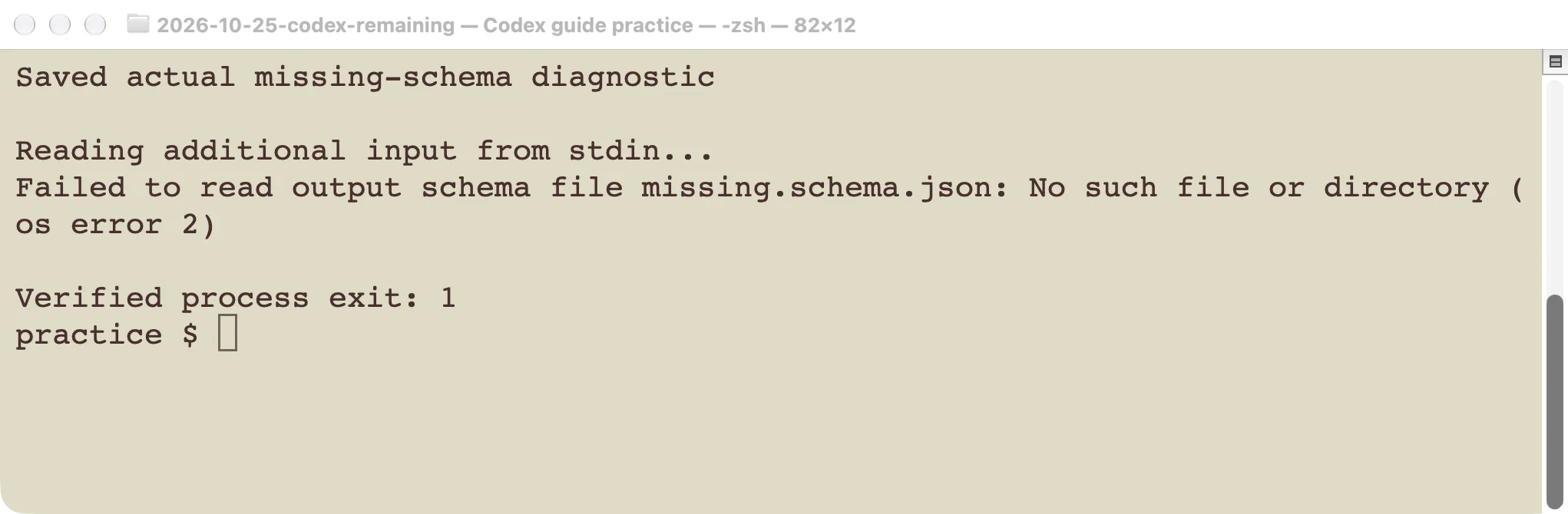 Actual missing-schema error and nonzero exit from the test.