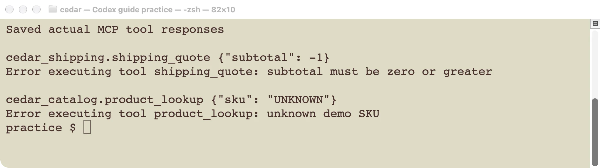 Two actual tool errors: a negative subtotal and an unknown product key.