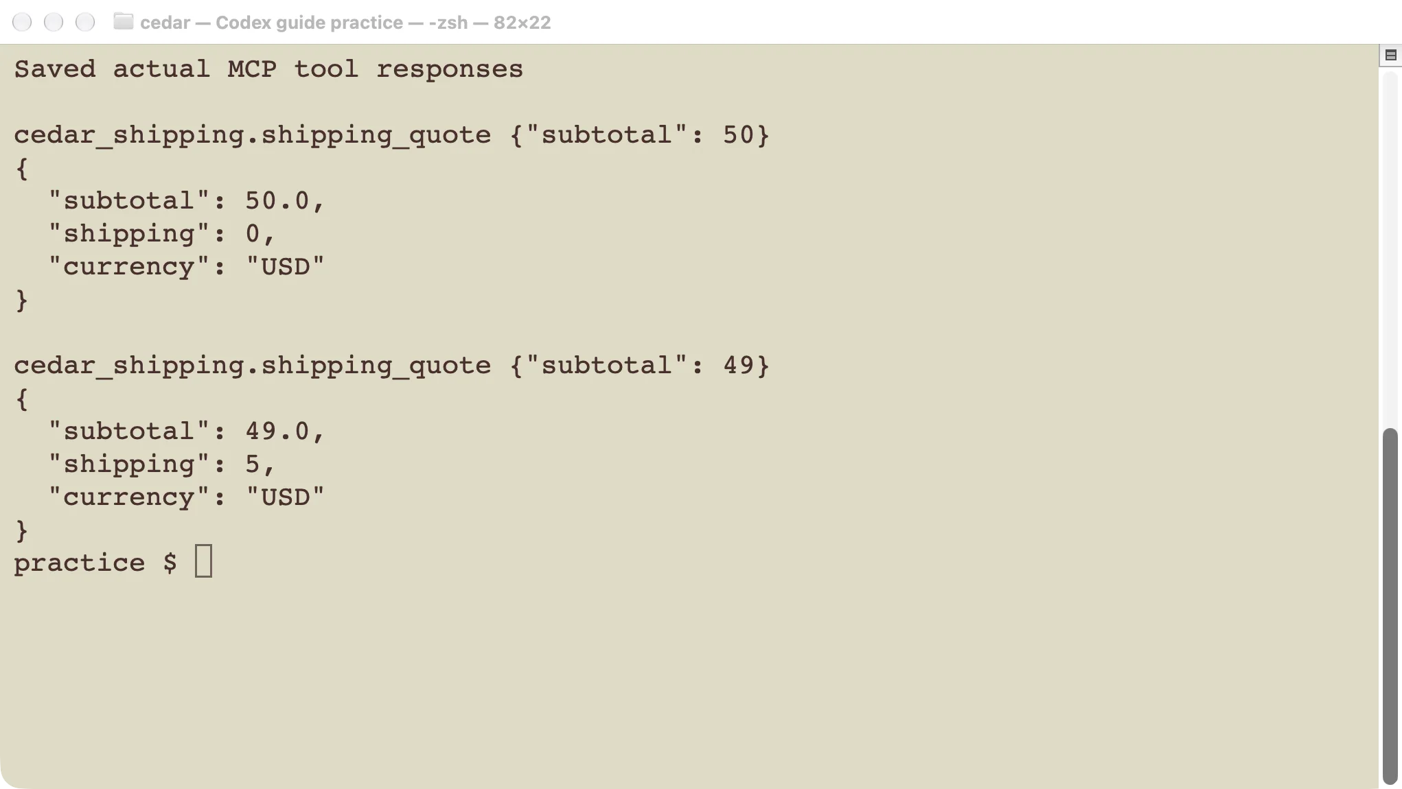Actual saved shipping-tool responses for the two valid subtotals.