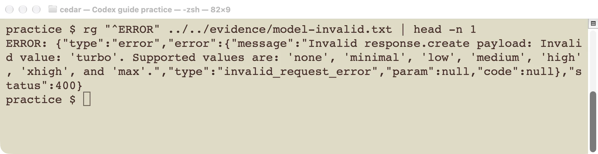An actual request with an unsupported reasoning level returns an error listing accepted values.