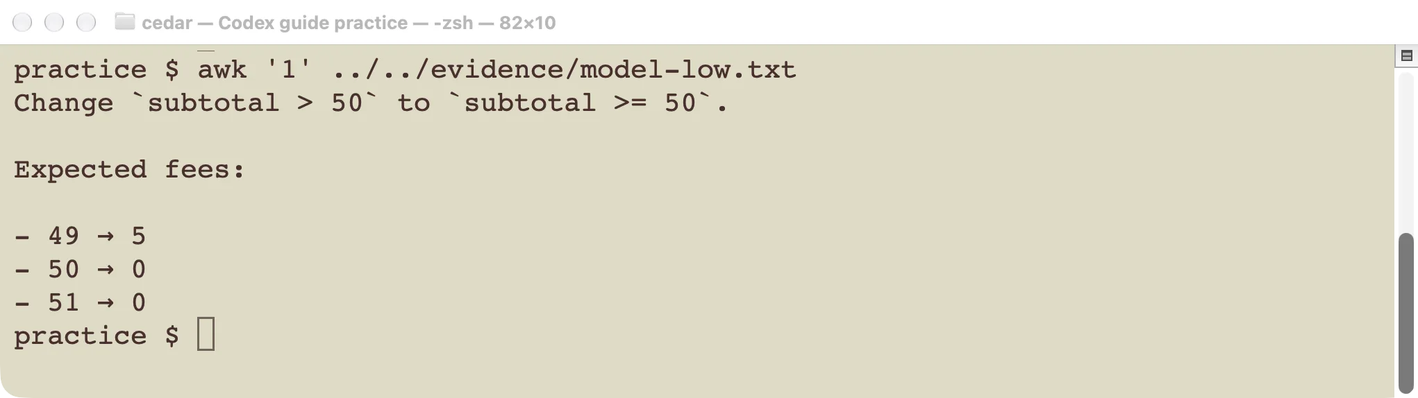 The saved low-effort test response identifies the shipping comparison error and the expected boundary values.