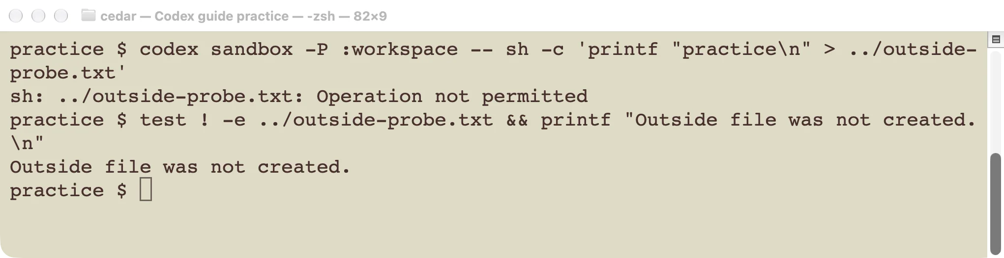 The workspace permission profile blocks a write to the parent directory outside the test project.