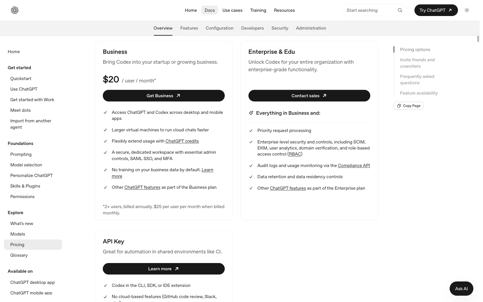 The official pricing page offers separate Individual and Business / Enterprise views.