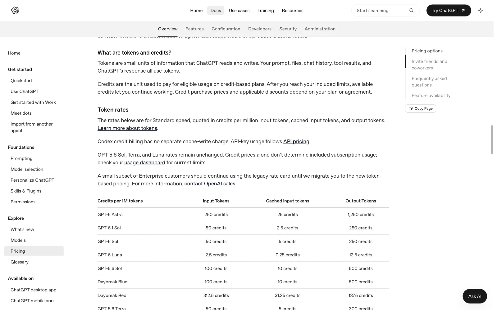 OpenAI's pricing documentation explains tokens and credits and lists separate input and output rates.