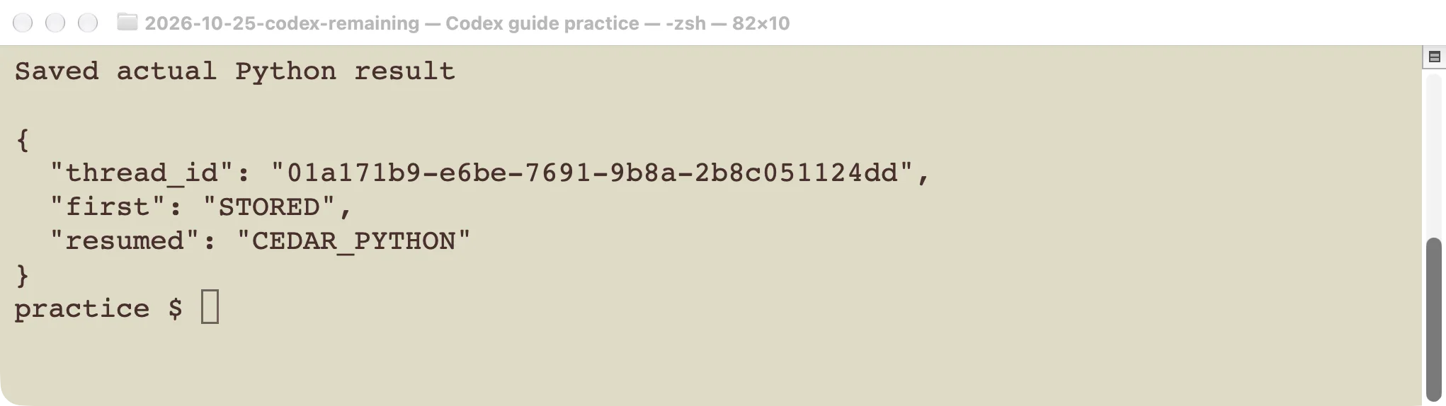 Saved actual Python response and marker recovered from the resumed thread.