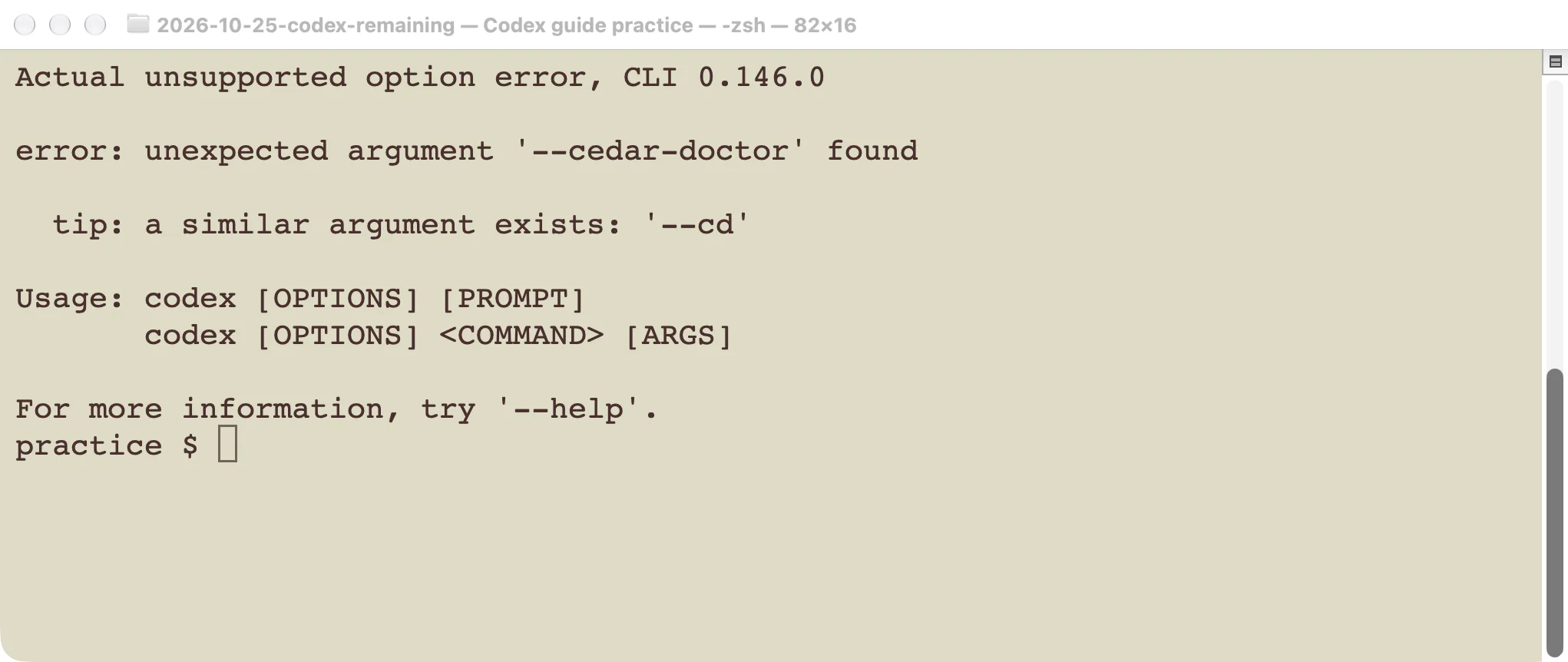 Actual local error from passing an unsupported option to Codex CLI 0.146.0.
