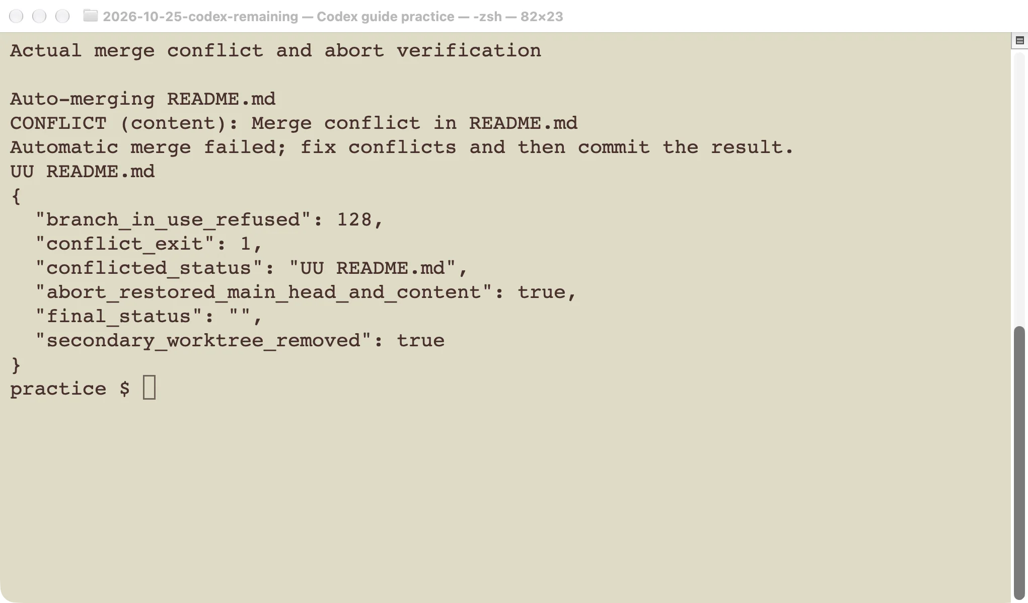 Actual merge conflict and the verification that abort restored the original checkout.