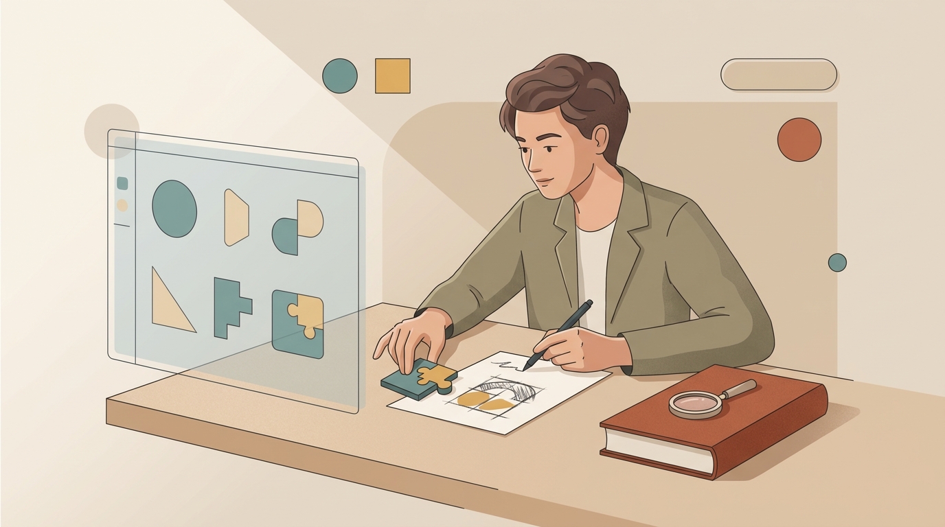 A writer reviewing AI suggestions while keeping a pencil, draft, and reference book close