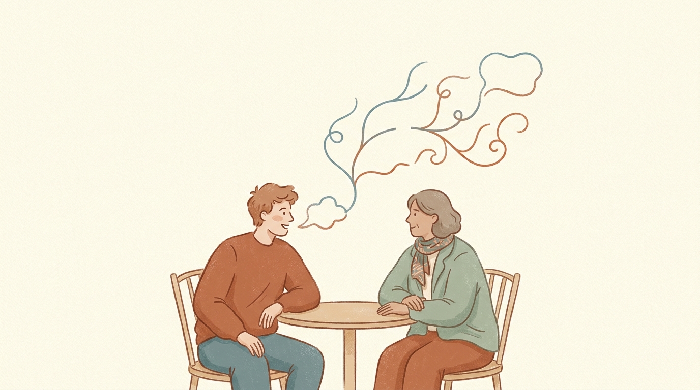Two people in conversation with a gently branching speech trail above them