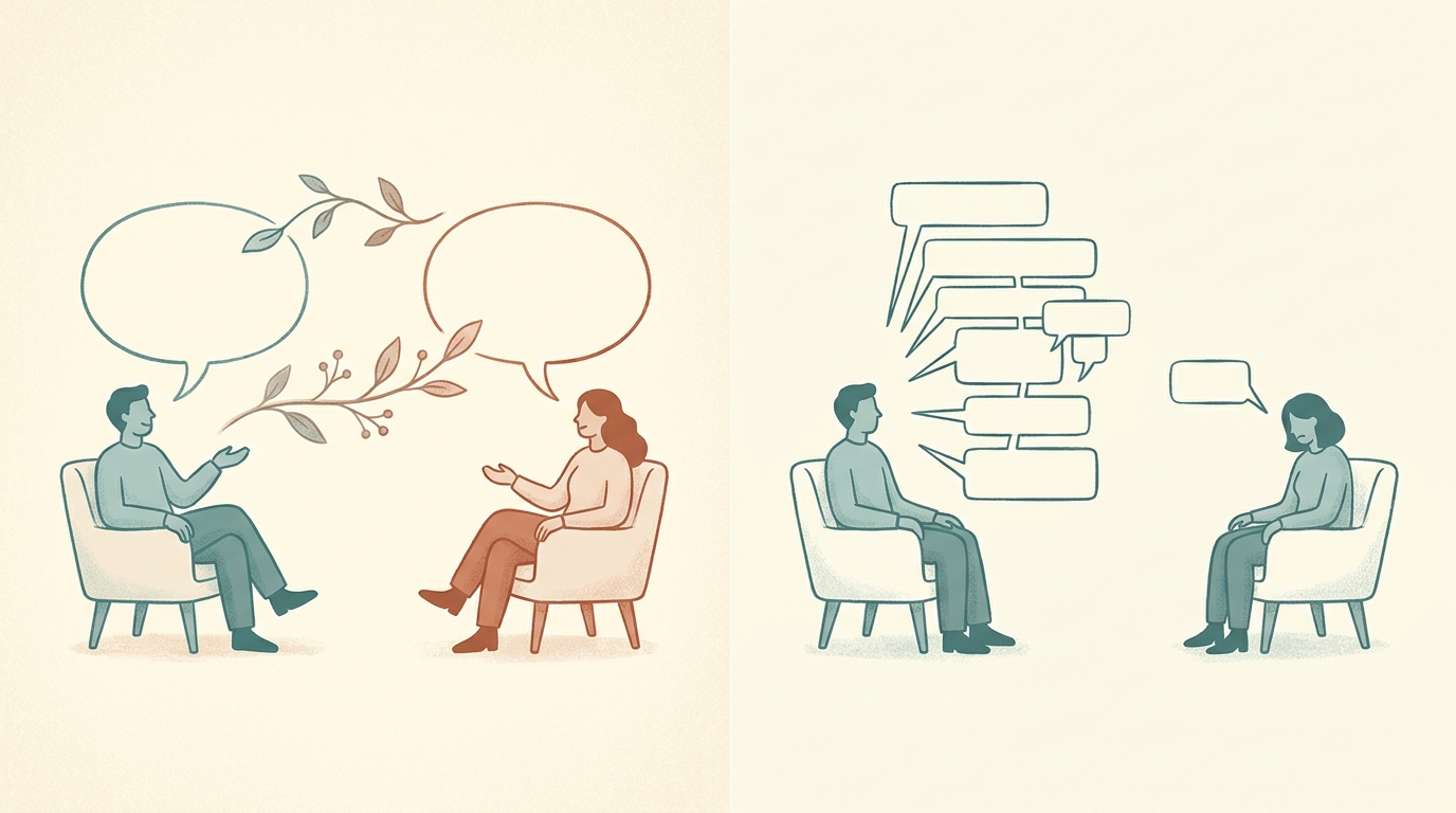 A reciprocal conversation contrasted with a one-sided stack of questions
