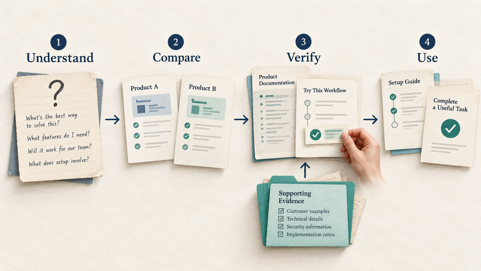 B2B SaaS SEO connects buyer questions to comparison pages, verified product evidence, and a setup guide for completing a useful task.