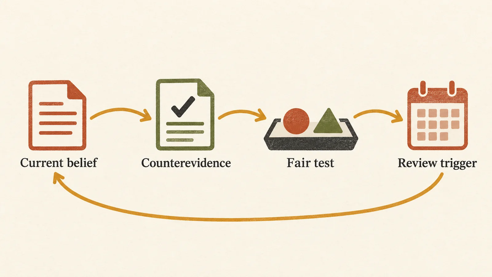 Current belief, counterevidence, fair test and review trigger connected in a checking sequence