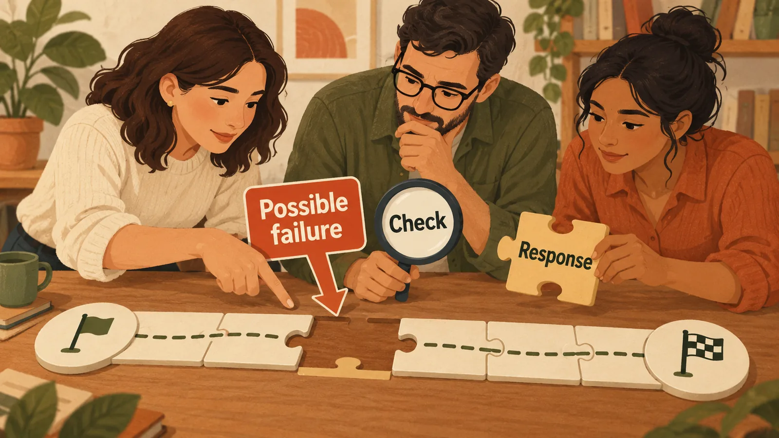 A team inspects a possible broken link in a rollout path before moving the project forward