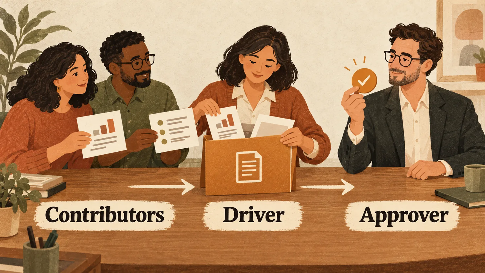 The Driver gathers inputs and carries them toward one Approver, who holds the final decision marker