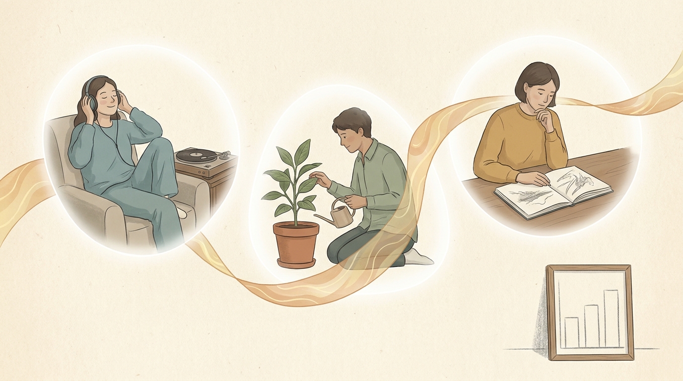 Music, plant care, and drawing connected by a ribbon while an unused progress chart rests aside