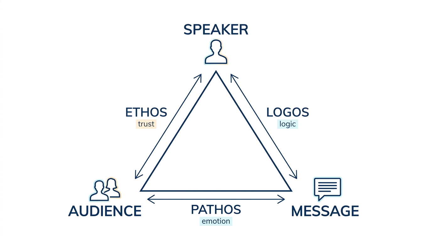 The rhetorical triangle: each appeal sits on the relationship it manages.