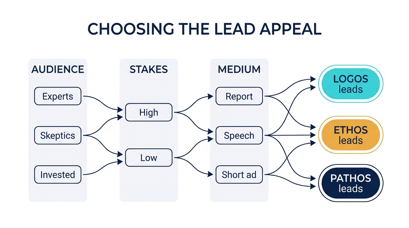 Audience, stakes, and medium together decide which appeal should lead.