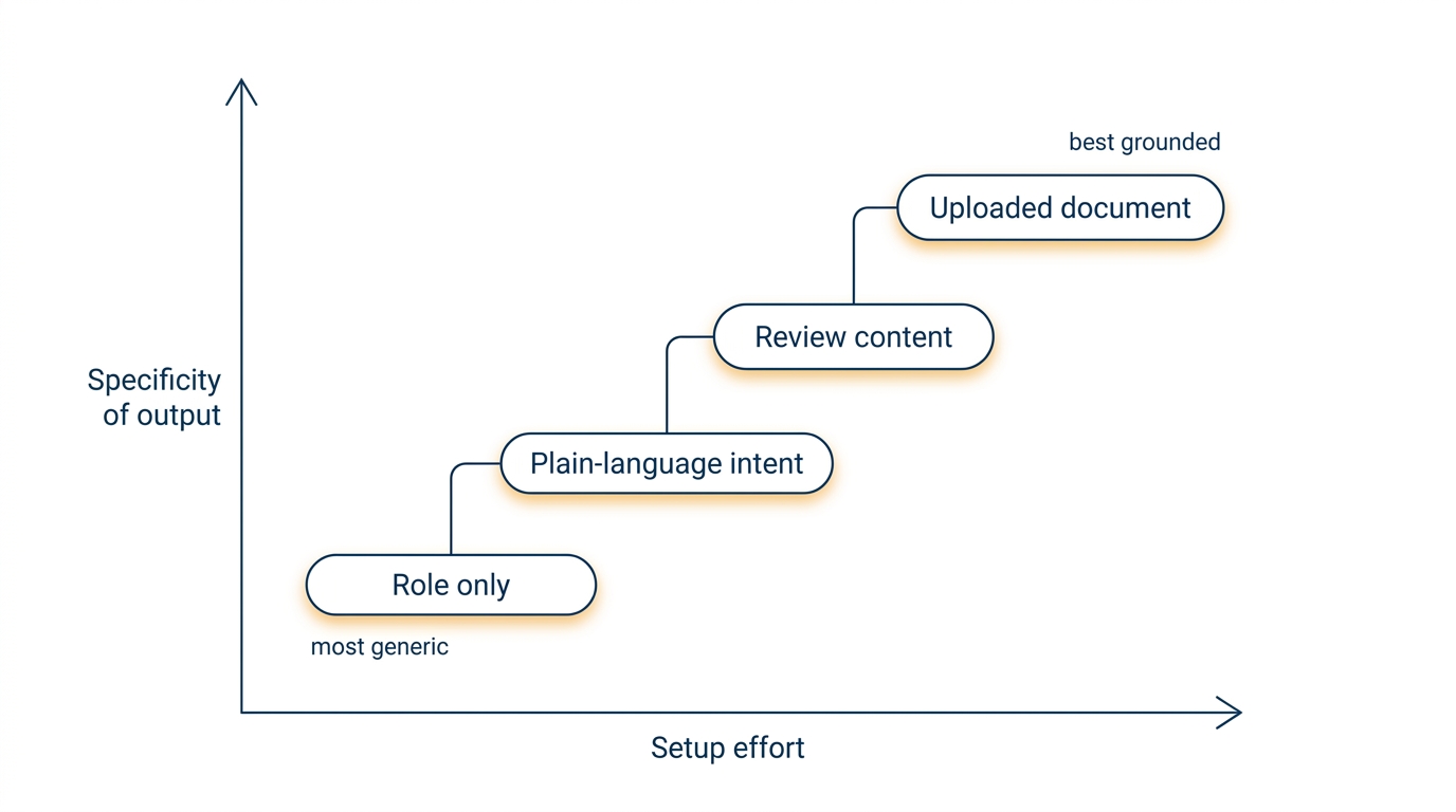 Staircase diagram showing that output specificity rises from role-only input to plain-language intent, review content and uploaded documents, as setup effort increases