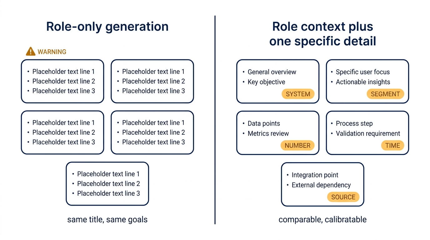 Side-by-side comparison showing identical goal cards produced by role-only generation versus differentiated goal cards when one person-specific detail is added