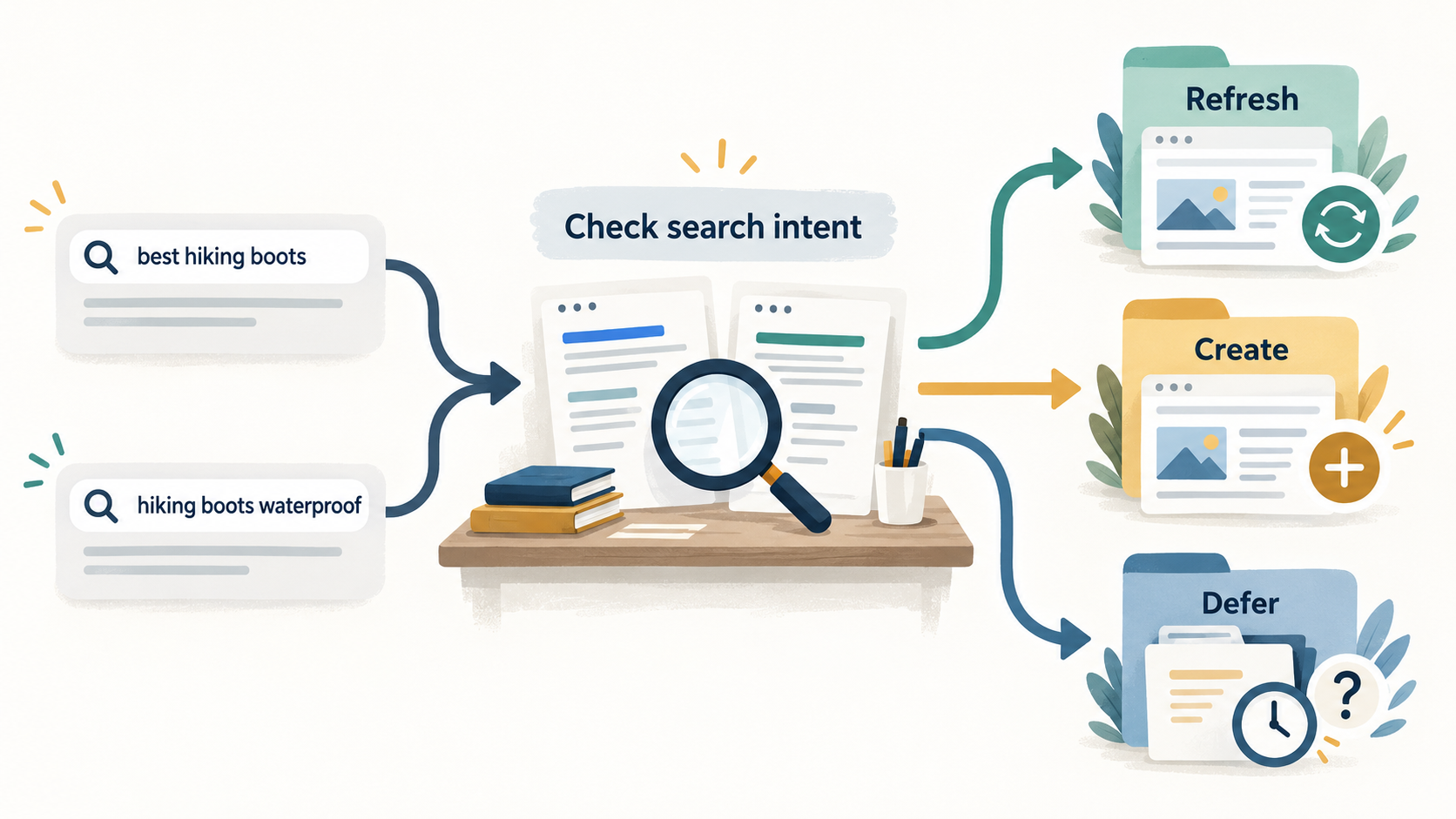 Keyword research compares search intent before deciding to refresh an existing page, create a new page, or defer until evidence is available.