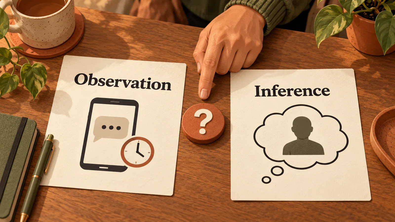 An observation card and an interpretation card are kept separate on one desk, with a question mark bridging them