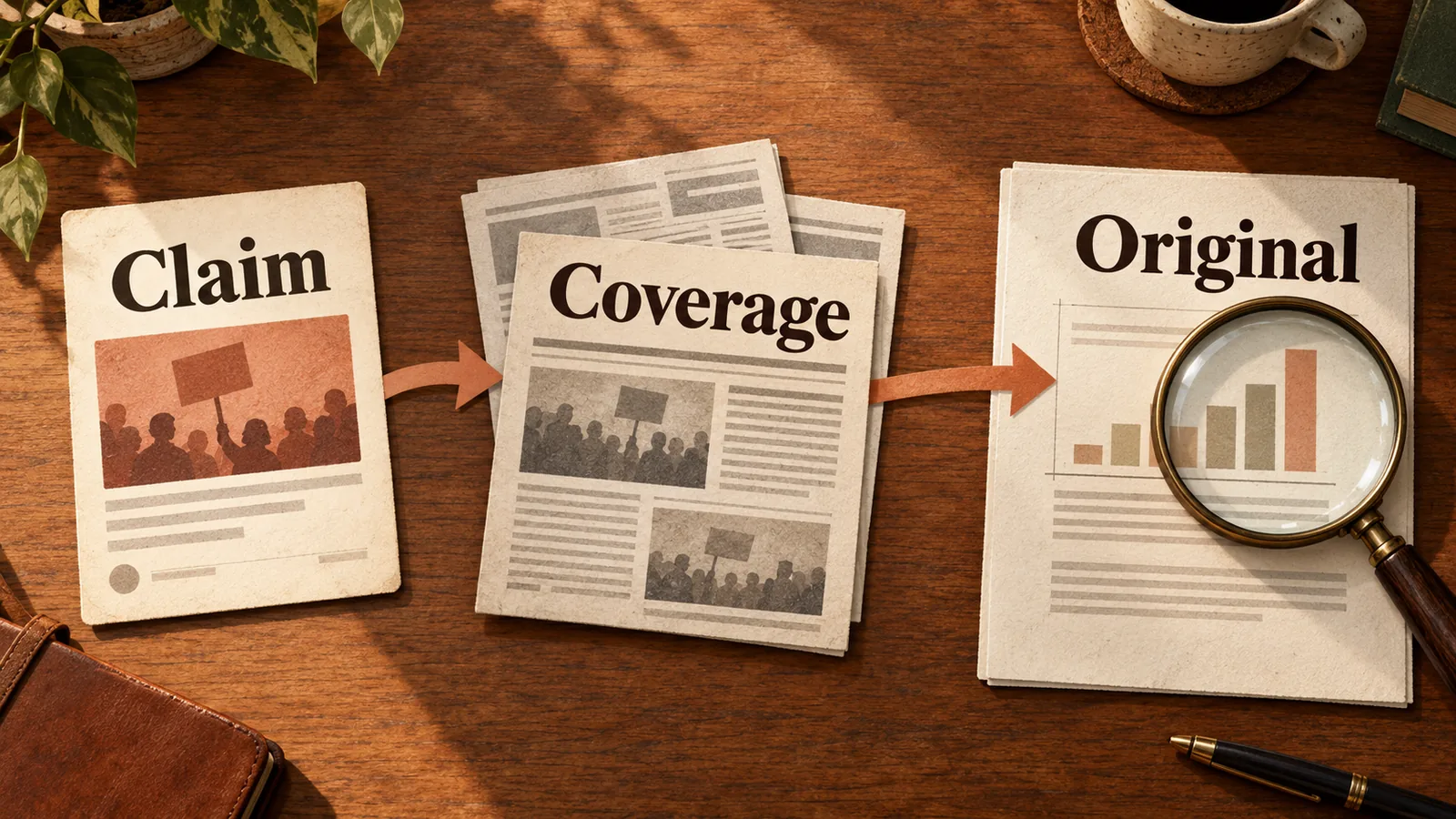 A reader traces one claim backward through a linked source to the original document