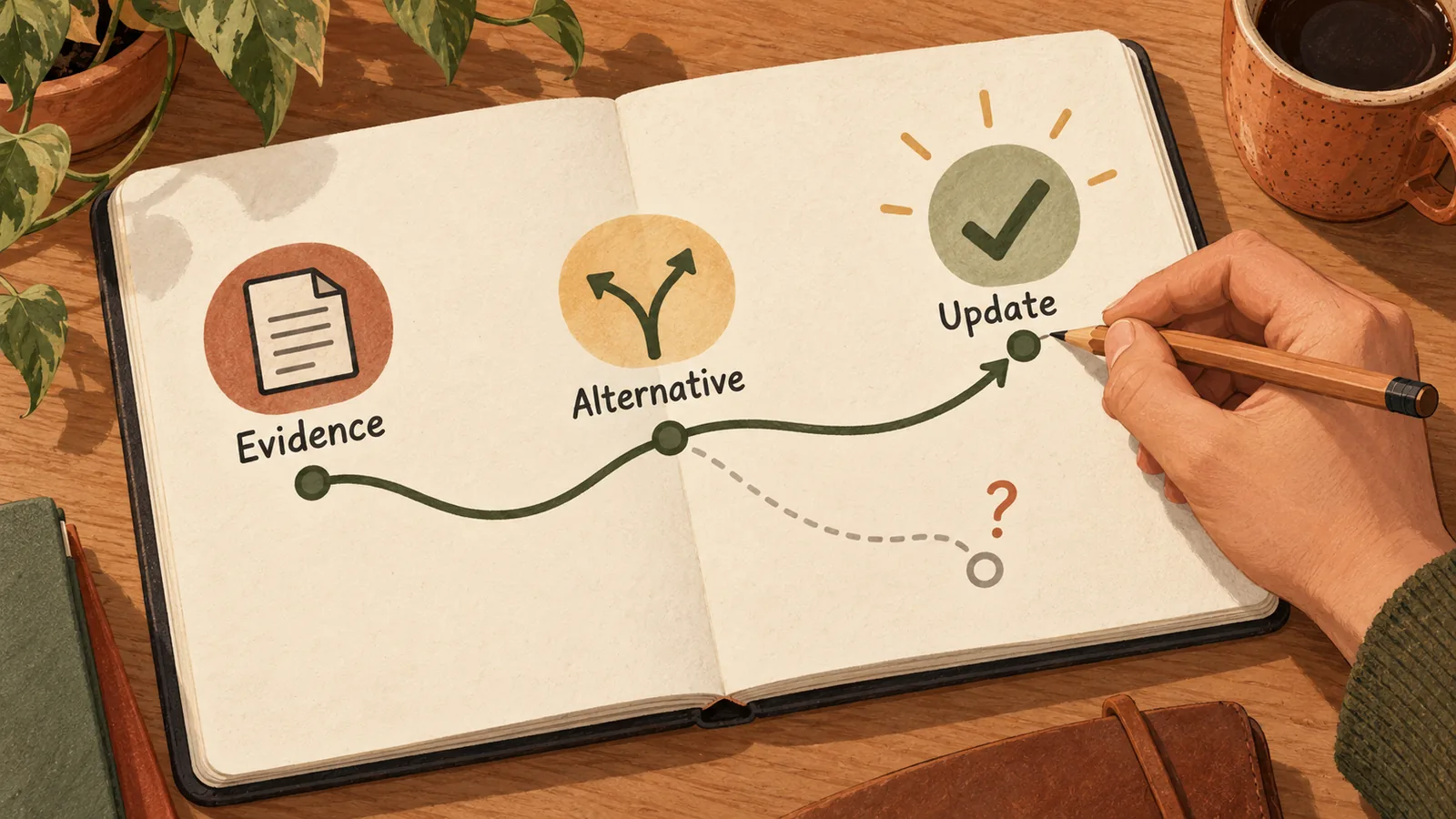 A reasoning notebook follows a claim through evidence and an alternative to a revised judgment