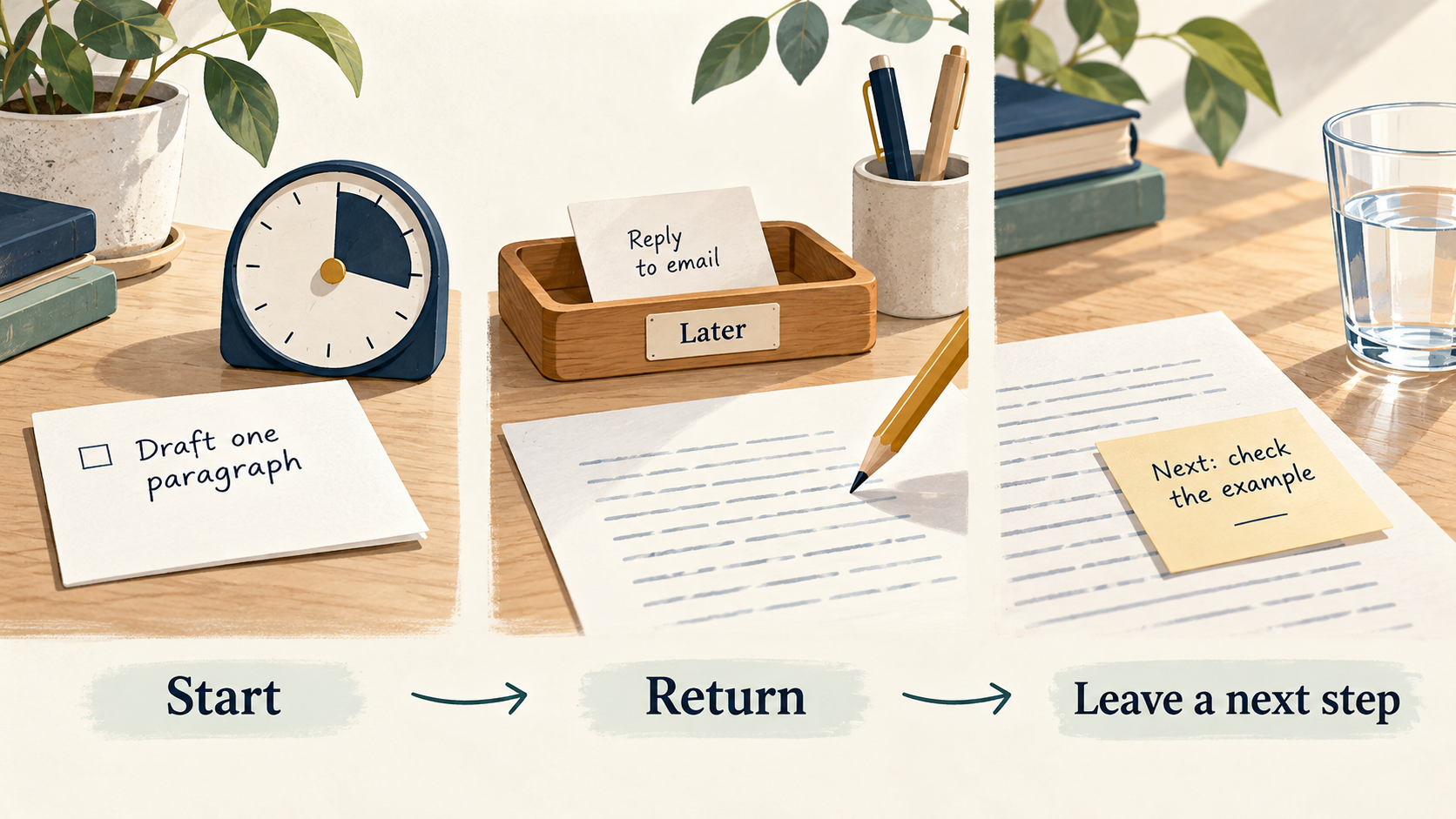 A focus timer supports drafting one paragraph, parking an email distraction for later, and leaving a clear next step before a break.