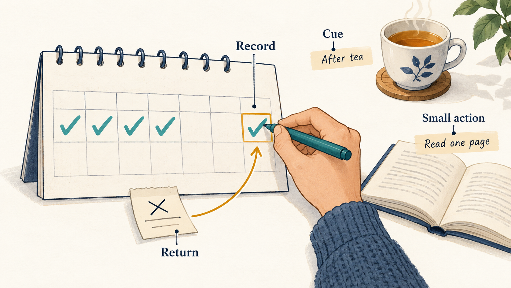 A habit tracker records a new check-in after two missed days, linking the cue of tea to reading one page and returning to the routine.