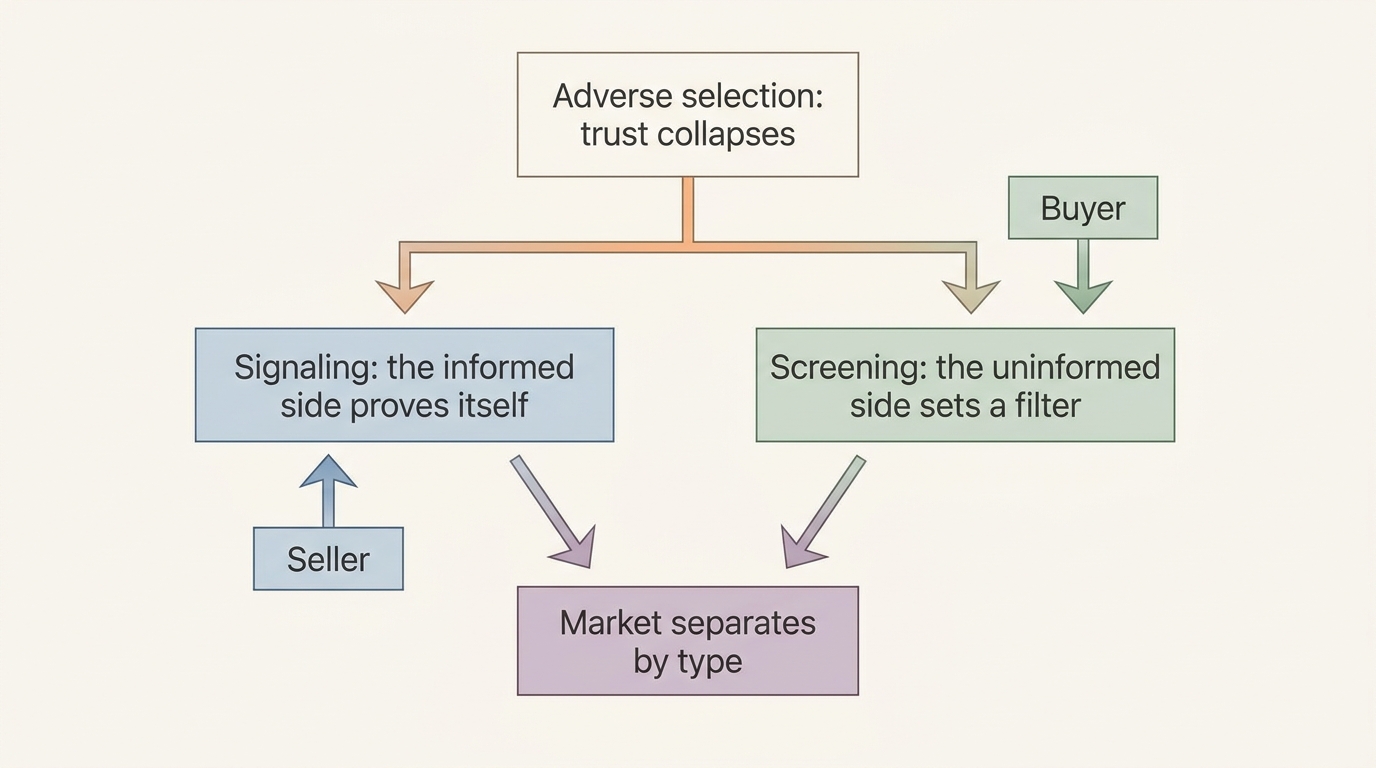 Signaling is initiated by the informed side and screening by the uninformed side; both repair the same problem from opposite directions