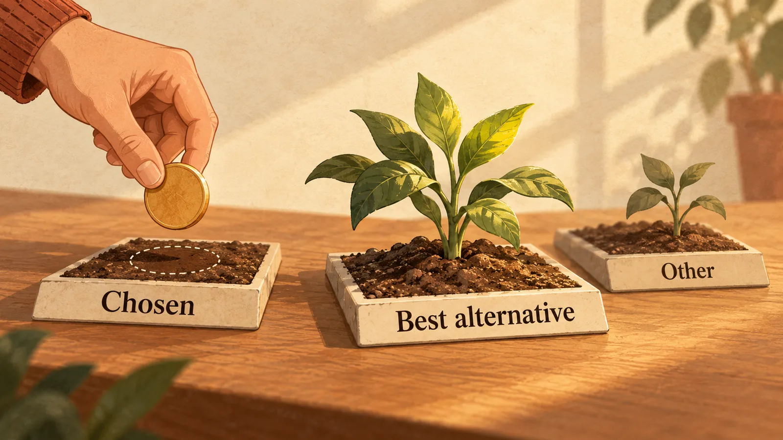 One selected option sits beside the best feasible alternative, while a weaker alternative is set farther away