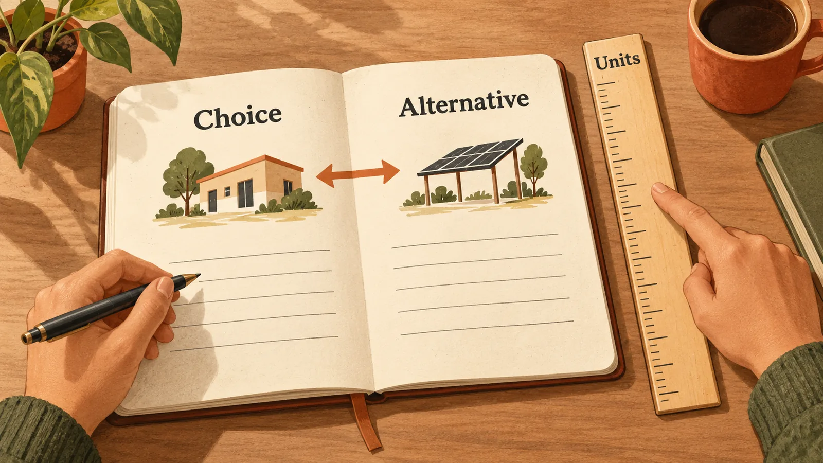 A trade-off notebook keeps the chosen option, best alternative, and comparison units visible together