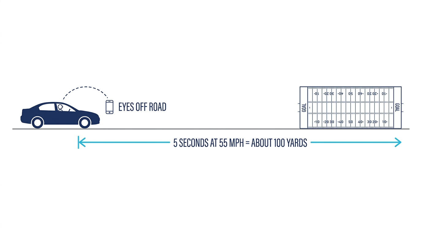 A five-second glance at a phone at 55 mph covers about 100 yards of road unseen — roughly the length of a football field.