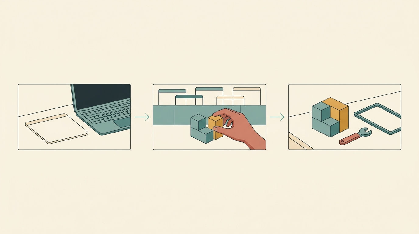 Three panels moving from a task card to building blocks and an optional tool adjustment