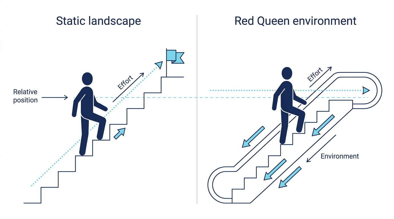 Diagram comparing a static competitive landscape with a Red Queen environment, showing a figure walking up a downward-moving escalator while relative position stays flat