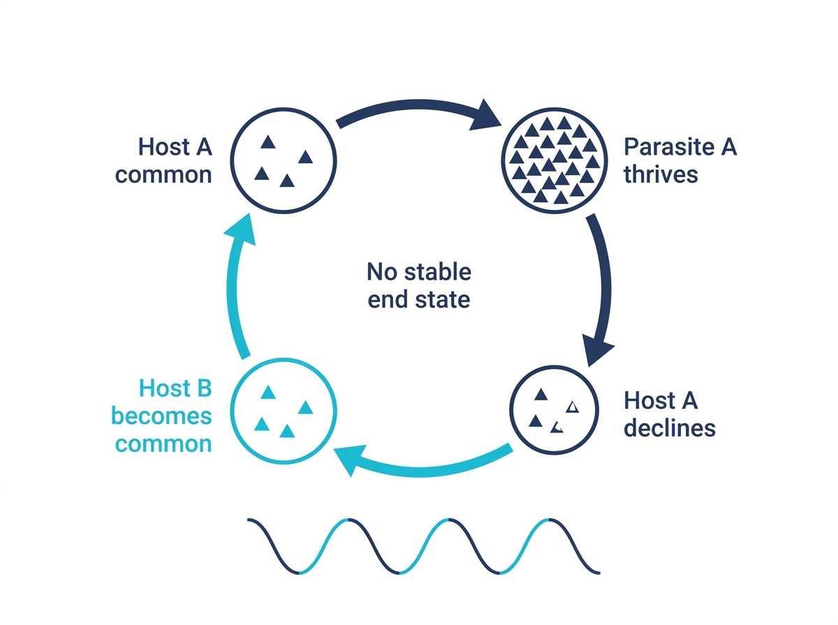 Cycle diagram showing a common host type suppressed by its specialized parasite, allowing another host type to become dominant, with no stable end state