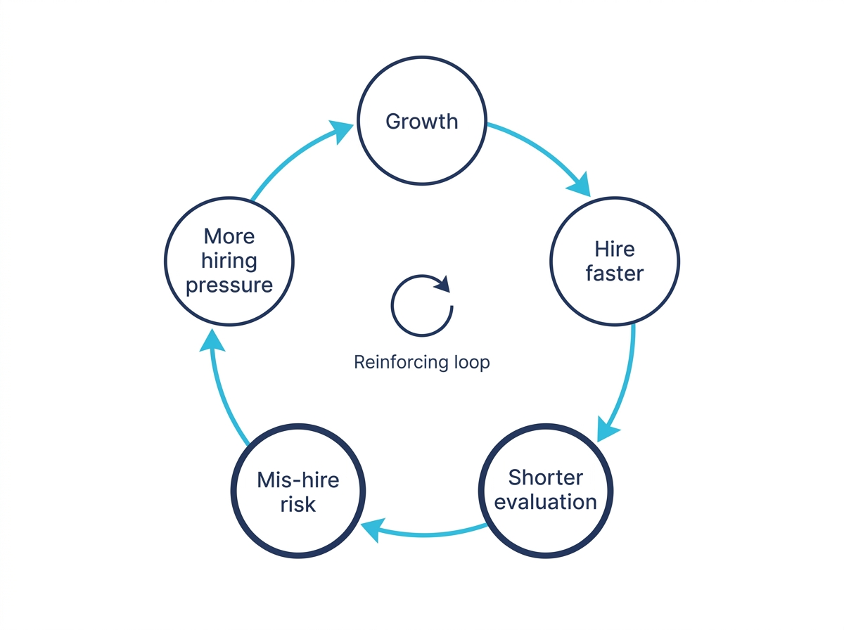 Reinforcing feedback loop showing how growth drives faster hiring, shorter evaluation, and higher mis-hire risk, which increases hiring pressure again