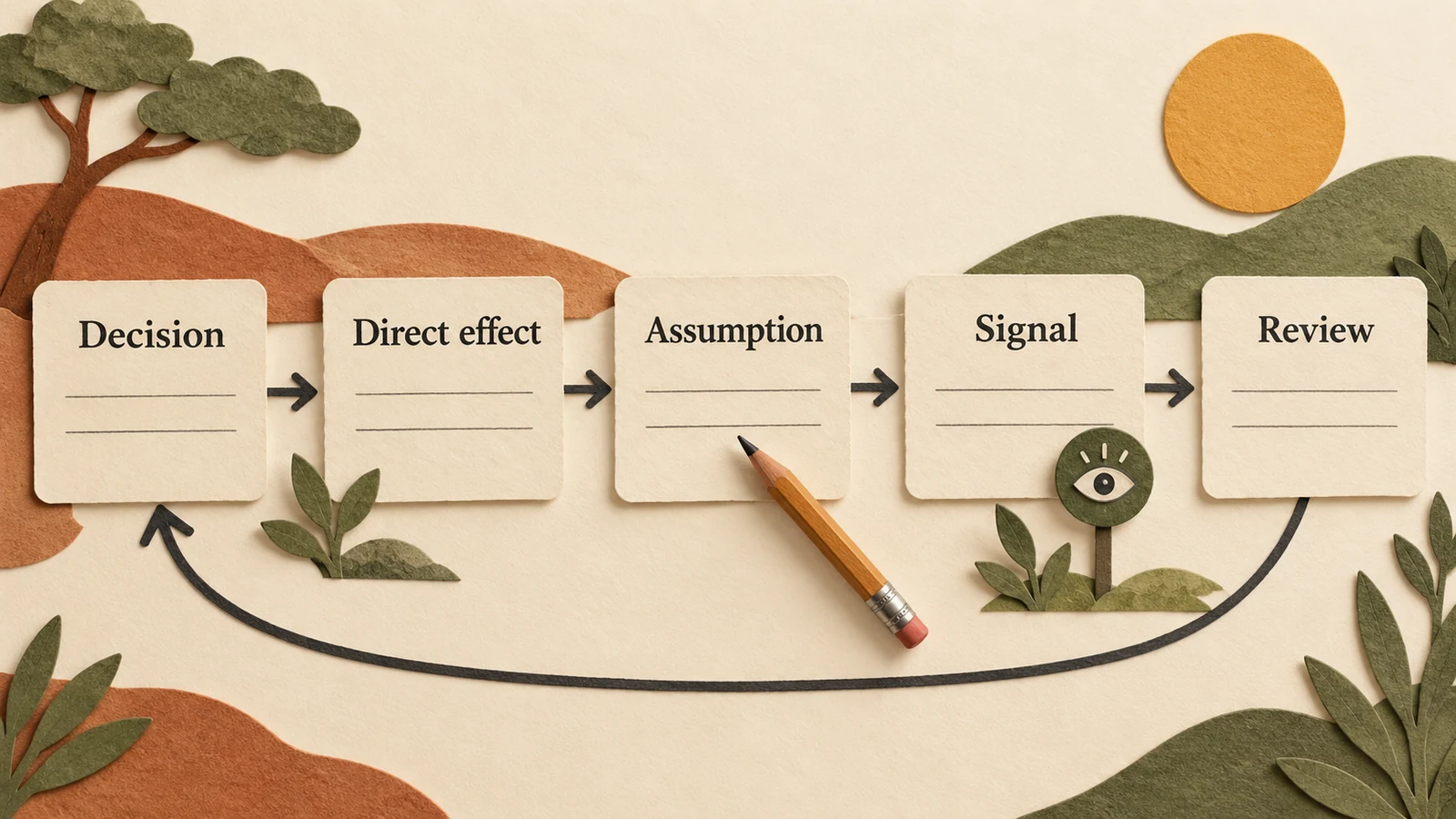 Decision, direct effect, assumption, signal and review fields arranged as a decision worksheet