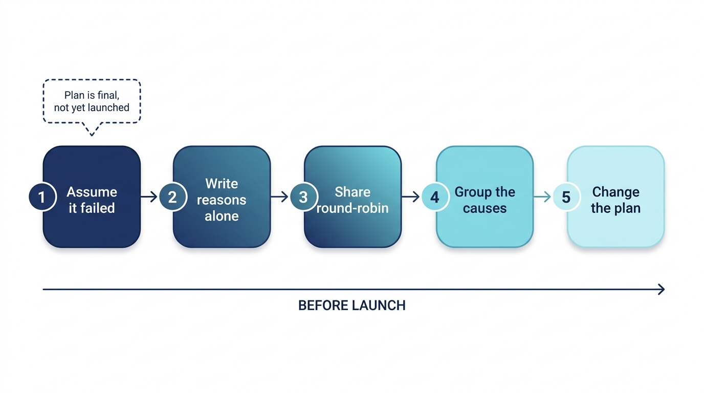 A pre-mortem in five steps, run before launch rather than after failure.