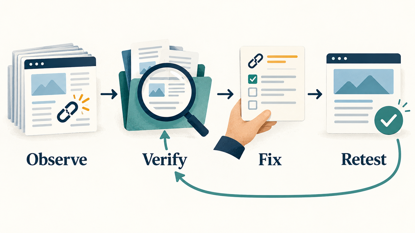 An AI-assisted SEO audit moves from observing a broken link to verifying evidence, fixing the issue, and retesting the page.