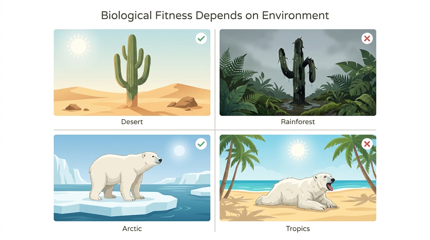 The same organism can be highly fit in one environment and unable to survive in another.