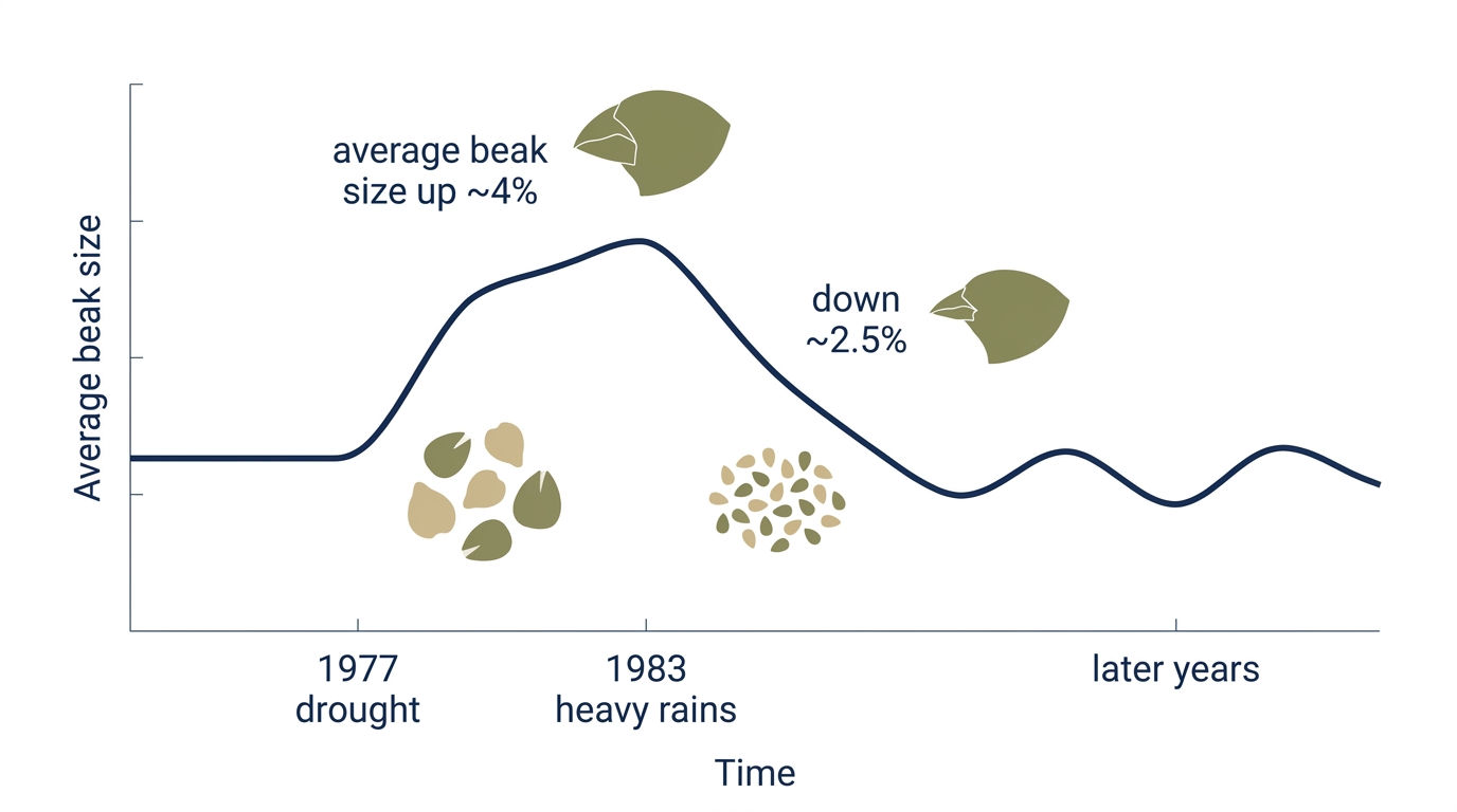 Average beak size in Daphne Major ground finches rose after the 1977 drought and fell again after the 1982–83 rains.