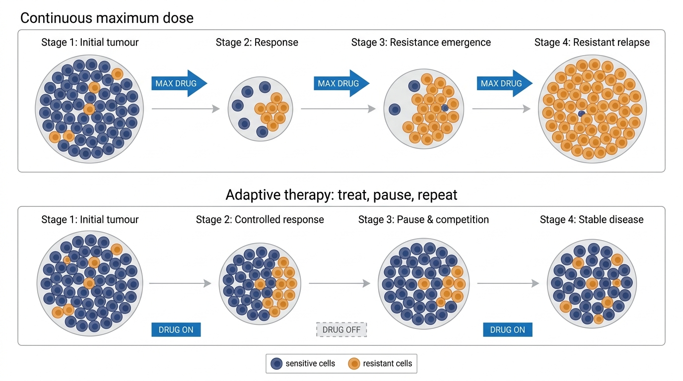 Continuous maximum dosing clears sensitive cells and lets resistant ones take over; adaptive therapy keeps sensitive cells as competition.