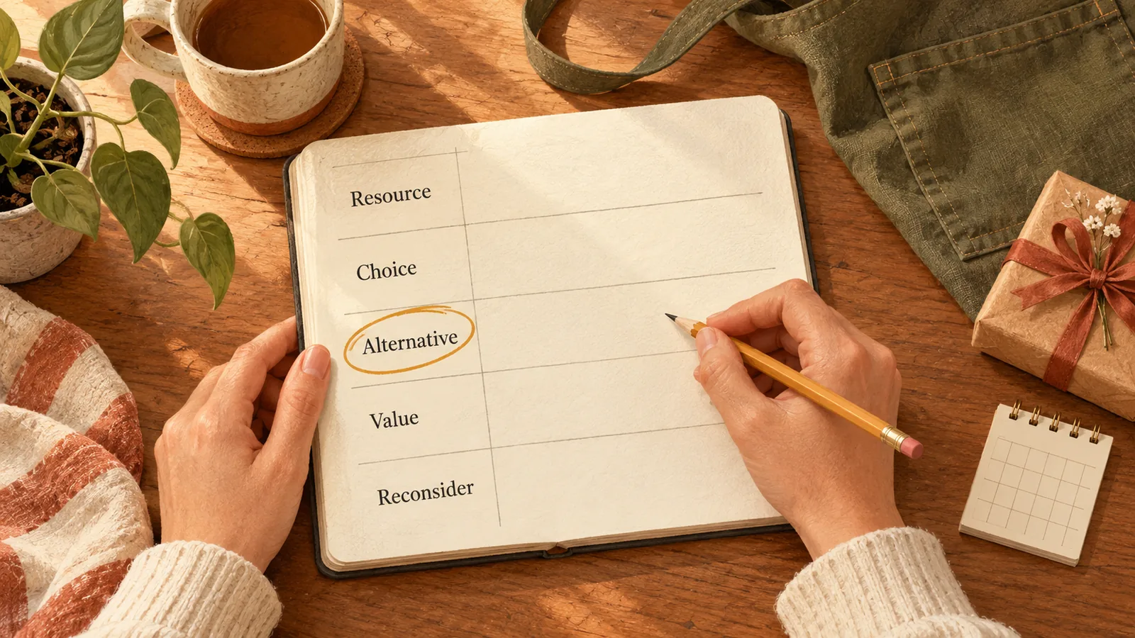 A worksheet asks for the resource, choice, alternative, value, and when to reconsider